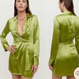 Reformation Green Silk Shirt Mini Dress
